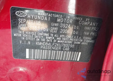 2019 Hyundai Elantra Limited from USA, damaged, VIN KMHD84LF2KU783198